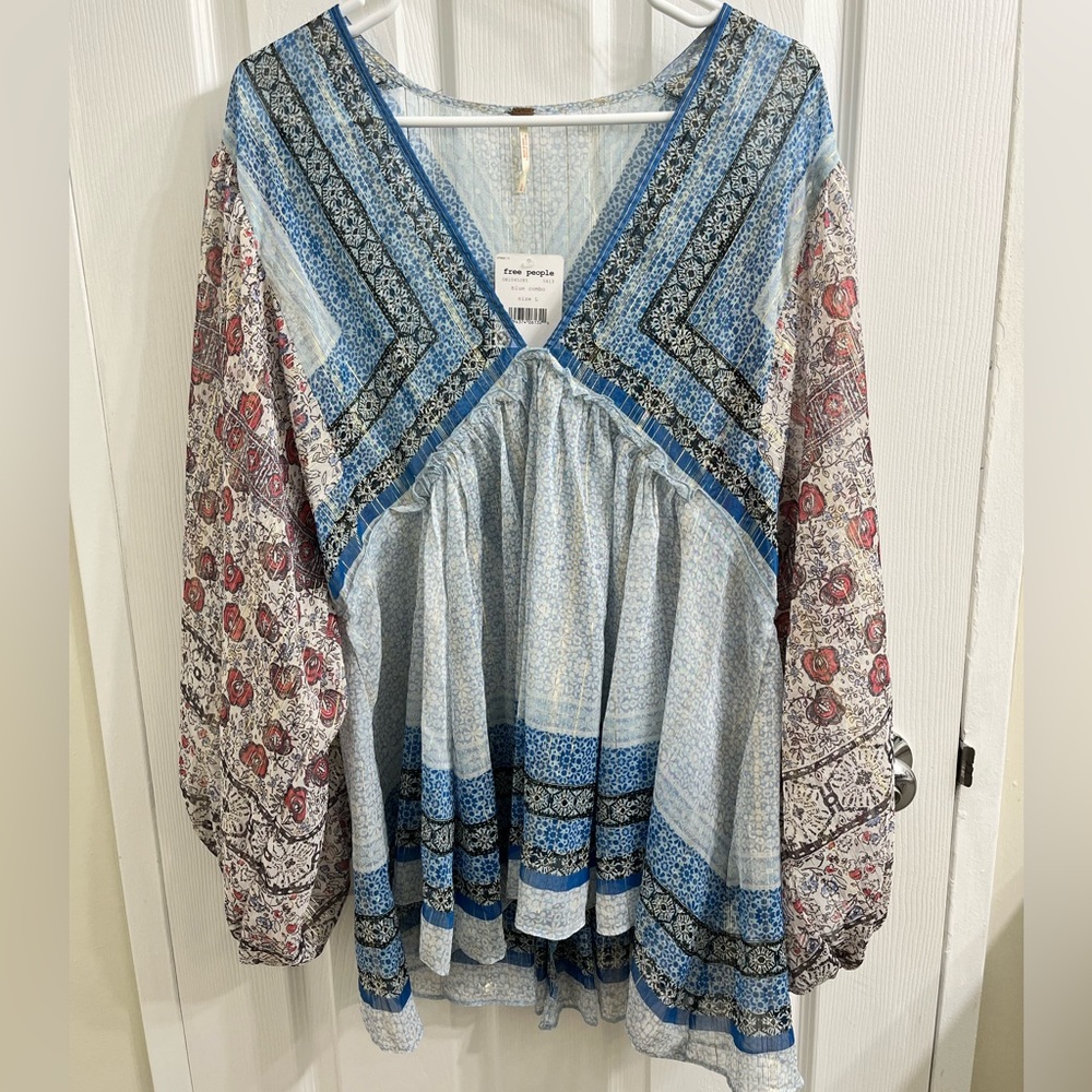 Free People Sparkly Boho Bell Sleeve Tunic Blouse L/XL